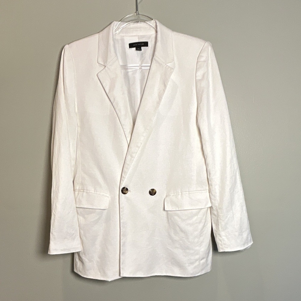 Ann Taylor White Double Breasted Linen Blazer Jacket Lined Pockets Button Size 8